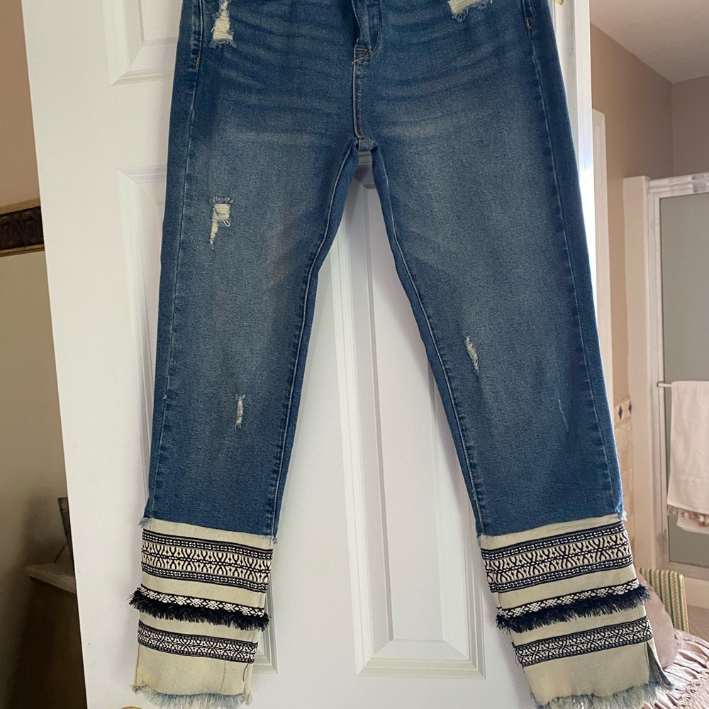 Chelsea & Violet Blue Distressed Jeans with Patterned Hem